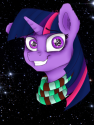 Size: 1500x2000 | Tagged: safe, artist:charles-farrow, twilight sparkle, fish, pony, unicorn, g4, bad shading, bill cipher, bust, christmas, christmas tree, clothes, dice, female, holiday, scarf, smiling, solo, space, stressed, tree, yin-yang