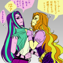 Size: 1000x1000 | Tagged: safe, artist:raika0306, adagio dazzle, aria blaze, equestria girls, g4, angry, comic, japanese, translated in the comments, tsundere