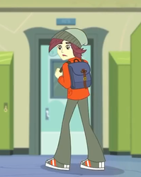 Size: 418x524 | Tagged: safe, screencap, normal norman, equestria girls, equestria girls series, forgotten friendship, g4, background human, bag, clothes, cropped, male, pants, shoes, sneakers, solo