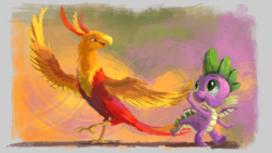 Size: 1920x1080 | Tagged: safe, artist:plainoasis, peewee, spike, dragon, phoenix, g4, molt down, cute, duo, high five, male, peeweebetes, spikabetes, winged spike, wings