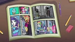 Size: 2048x1151 | Tagged: safe, screencap, applejack, fluttershy, pinkie pie, rainbow dash, rarity, sunset shimmer, equestria girls, g4, my little pony equestria girls: better together, super squad goals, architecture, building, canterlot city, city, comic book, female, geode of fauna, geode of shielding, geode of sugar bombs, geode of super speed, geode of super strength, humane five, magical geodes