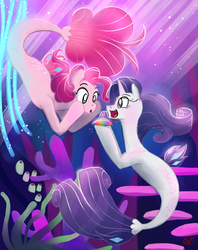 Size: 791x1000 | Tagged: safe, artist:ryuredwings, pinkie pie, rarity, seapony (g4), raripiebomb, g4, my little pony: the movie, :o, female, lesbian, mare, open mouth, seaponified, seapony pinkie pie, seapony rarity, ship:raripie, shipping, species swap, underwater
