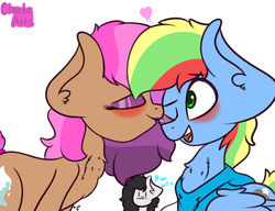 Size: 1300x1000 | Tagged: safe, artist:claudearts, oc, oc:dashing thunder, oc:frostie, oc:sugar sundae, blushing, cheek kiss, chest fluff, clothes, cute, cutie mark, eyeshadow, female, heart, hoodie, kissing, makeup, male, oc x oc, shipping, straight