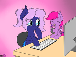 Size: 2230x1666 | Tagged: safe, artist:php142, oc, oc:neon galaxies, oc:spiral galaxies, bat pony, hybrid, pony, baby, chair, computer, computer mouse, desk, female, foal, keyboard, magical lesbian spawn, monitor, mother and daughter, offspring, pacifier, ponytail