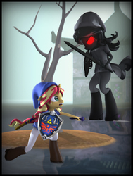 Size: 5400x7142 | Tagged: safe, artist:imafutureguitarhero, sunset shimmer, unicorn, anthro, unguligrade anthro, g4, 3d, absurd file size, absurd resolution, blank eyes, boots, border, cap, chromatic aberration, clothes, costume, crossover, dark link, dead tree, door, duo, elf hat, female, fight, film grain, freckles, glowing eyes, hat, hylian shield, leather, leather boots, link, link's hat, link's tunic, mare, master sword, multicolored hair, nose wrinkle, open mouth, peppered bacon, red eyes, reflection, sand, see-through, shield, shoes, signature, source filmmaker, standing in water, sword, tail, the legend of zelda, the legend of zelda: ocarina of time, tights, tree, tunic, vertical, wall of tags, water, weapon