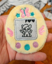 Size: 2672x3283 | Tagged: safe, artist:sew_adorkable, artist:trashkitten-plushies, fluttershy, pony, g4, buttons, fluffy, high res, irl, photo, plushie, ponygotchi, solo, tamagotchi, toy