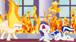 Size: 1024x576 | Tagged: safe, artist:justinmella777, rarity, twilight sparkle, alicorn, pony, unicorn, g4, crying, female, fire, mare, ponified, portal (valve), rapidash twilight, story included, the worst possible thing, twilight sparkle (alicorn), wheatley