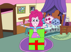 Size: 2337x1700 | Tagged: safe, artist:equestriaguy637, pinkie pie, rainbow dash, rarity, surprise, equestria girls, g4, bed, bedroom, big grin, box, clothes, dresser, grin, in a box, lamp, looking at you, picture frame, pillow, pinkie's room, practice, present, rug, shelf, smiling, wristband