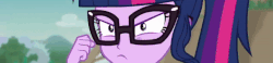 Size: 973x227 | Tagged: safe, screencap, pinkie pie, sci-twi, twilight sparkle, equestria girls, equestria girls series, friendship math, g4, angry, animated, close-up, confident, cropped, duo, female, fist up, frown, gif, glare, glasses, looking at you, loop, staring contest, wide eyes, worried