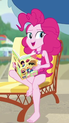 Size: 348x619 | Tagged: safe, screencap, feather bangs, pinkie pie, equestria girls, equestria girls series, friendship math, g4, barefoot, beach, clothes, cropped, feet, female, legs, magazine, one-piece swimsuit, pinkie pie swimsuit, solo, swimsuit
