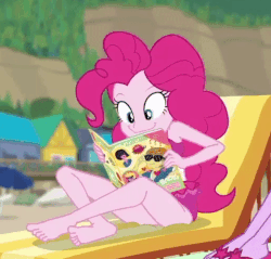 Size: 863x824 | Tagged: safe, screencap, feather bangs, pinkie pie, sci-twi, twilight sparkle, equestria girls, equestria girls series, friendship math, g4, animated, barefoot, clothes, cropped, cute, diapinkes, feet, female, flip-flops, legs, sandals, swimsuit