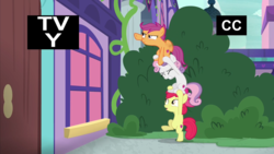 Size: 1920x1080 | Tagged: safe, screencap, apple bloom, scootaloo, sweetie belle, earth pony, pegasus, pony, unicorn, g4, marks for effort, bipedal, cutie mark crusaders, discovery family logo, female, filly, pony pile, tower of pony, tv rating, tv-y