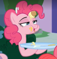 Size: 280x289 | Tagged: safe, screencap, apple bloom, pinkie pie, sweetie belle, g4, marks for effort, bush, cropped, cupcake, food, messy eating, plate, puffy cheeks