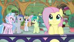 Size: 1920x1080 | Tagged: safe, screencap, end zone, fluttershy, sandbar, silverstream, slate sentiments, strawberry scoop, summer meadow, classical hippogriff, earth pony, hippogriff, pegasus, pony, unicorn, g4, marks for effort, c:, cute, discovery family logo, female, friendship student, looking at each other, male, mare, shyabetes, smiling, stallion, teenager