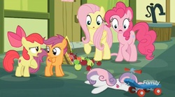 Size: 1657x924 | Tagged: safe, screencap, apple bloom, fluttershy, pinkie pie, scootaloo, sweetie belle, g4, marks for effort, cutie mark crusaders, faceplant