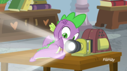 Size: 1920x1080 | Tagged: safe, screencap, spike, dragon, g4, marks for effort, discovery family logo, light, looking at self, male, projector, spread wings, winged spike, wings