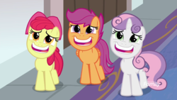 Size: 1920x1080 | Tagged: safe, screencap, apple bloom, scootaloo, sweetie belle, g4, marks for effort, cutie mark crusaders, discovery family logo, faic, looking up