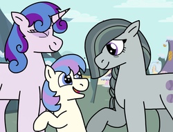 Size: 1941x1485 | Tagged: safe, artist:kindheart525, marble pie, oc, oc:beryl, oc:indigo dreams, earth pony, pony, unicorn, kindverse, g4, adopted offspring, canon x oc, digital art, female, male, mother and son, next generation, parent:marble pie, parent:oc:indigo dreams, parent:oc:star shooter, story in the source, story included