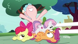 Size: 1920x1080 | Tagged: safe, screencap, apple bloom, cozy glow, scootaloo, sweetie belle, earth pony, pegasus, pony, unicorn, g4, marks for effort, butt, cutie mark crusaders, discovery family logo, female, filly, lying down, nose in the air, on back, one eye closed, plot, pony pile
