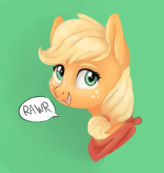 Size: 1004x1054 | Tagged: safe, artist:pucksterv, applejack, earth pony, pony, g4, bandana, cute, female, freckles, green background, hatless, jackabetes, looking at you, mare, missing accessory, rawr, simple background, solo, speech bubble