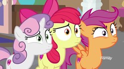 Size: 1920x1080 | Tagged: safe, screencap, apple bloom, scootaloo, sweetie belle, g4, marks for effort, cutie mark crusaders, discovery family logo