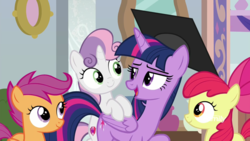 Size: 1920x1080 | Tagged: safe, screencap, apple bloom, scootaloo, sweetie belle, twilight sparkle, alicorn, earth pony, pegasus, pony, unicorn, g4, marks for effort, season 8, cute, cutie mark crusaders, diasweetes, discovery family logo, female, filly, foal, graduation cap, hat, looking at each other, mare, open mouth, twilight sparkle (alicorn)