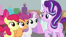 Size: 1920x1080 | Tagged: safe, screencap, apple bloom, scootaloo, starlight glimmer, sweetie belle, g4, marks for effort, cutie mark crusaders, discovery family logo