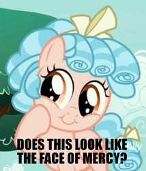 Size: 878x1024 | Tagged: safe, edit, edited screencap, screencap, cozy glow, pony, g4, marks for effort, cozy glow is best facemaker, cozybetes, cropped, cute, face of mercy, female, filly, hilarious in hindsight, pure concentrated unfiltered evil of the utmost potency, pure unfiltered evil, solo, text