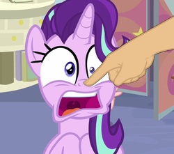 Size: 1215x1075 | Tagged: safe, edit, edited screencap, screencap, starlight glimmer, g4, marks for effort, boop, boop edit, cropped, finger, frown, hand, mawshot, mismatched eyes, non-consensual booping, open mouth, screaming, solo focus, uvula, wide eyes