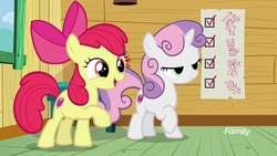 Size: 1920x1080 | Tagged: safe, screencap, apple bloom, sweetie belle, g4, marks for effort, checklist, clubhouse, crusaders clubhouse, discovery family logo, drawing, paper, shrug