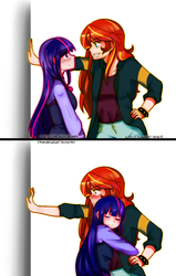 Size: 1334x2100 | Tagged: safe, artist:cronavongorgon, artist:kayleeburnsart, sunset shimmer, twilight sparkle, human, g4, blushing, clothes, cute, eyes closed, female, hug, humanized, jacket, kabedon, lesbian, looking at each other, ship:sunsetsparkle, shipping, smiling