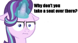Size: 600x336 | Tagged: safe, editor:binkyt11, starlight glimmer, pony, g4, marks for effort, :i, chris hansen, dialogue, female, floppy ears, glowing horn, horn, i mean i see, looking at you, meme, reaction image, simple background, solo, white background, why don't you take a seat over there?