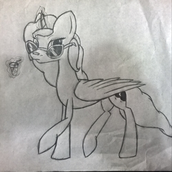 Size: 1280x1280 | Tagged: safe, artist:gaarawatkins, princess luna, alicorn, pony, g4, drink, female, glasses, magic, monochrome, solo, summer, sunglasses, traditional art