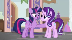 Size: 1920x1080 | Tagged: safe, screencap, starlight glimmer, twilight sparkle, alicorn, pony, unicorn, g4, marks for effort, discovery family logo, duo, duo female, female, hoof on chest, twilight sparkle (alicorn)