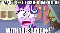 Size: 1280x720 | Tagged: safe, edit, edited screencap, screencap, starlight glimmer, g4, marks for effort, dialogue, discovery family logo, faic, image macro, implied trixie, meme, panic, this will end in fire, this will end in tears and/or death
