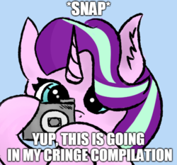 Size: 856x799 | Tagged: safe, artist:sunnzio, starlight glimmer, g4, camera, cringe compilation, dialogue, exploitable meme, meme