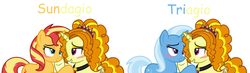 Size: 2260x658 | Tagged: safe, artist:geekcoffee, artist:sarahostervig, adagio dazzle, sunset shimmer, trixie, pony, unicorn, g4, base used, blushing, disguise, disguised siren, equestria girls ponified, female, gem, lesbian, ponified, ship:sunsagio, ship:triagio, shipping, siren gem, unicorn adagio dazzle