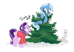 Size: 4961x3508 | Tagged: safe, artist:pucksterv, starlight glimmer, trixie, pony, unicorn, g4, christmas, christmas sweater, christmas tree, clothes, cute, dialogue, diatrixes, female, glimmerbetes, holiday, mare, simple background, sweater, tree