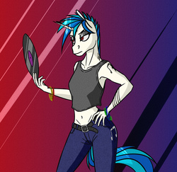 Size: 3352x3256 | Tagged: safe, artist:akweer, dj pon-3, vinyl scratch, unicorn, anthro, g4, armpits, belly button, clothes, female, hand on hip, high res, lidded eyes, mare, pants, record, solo, tank top