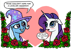 Size: 601x419 | Tagged: safe, artist:gingerfoxy, rarity, trixie, pony, unicorn, pony couple generator, g4, blushing, dialogue, female, floppy ears, flower, heart, lesbian, mare, open mouth, rarixie, rose, shipping, smiling