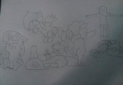 Size: 3264x2275 | Tagged: safe, applejack, fluttershy, pinkie pie, rainbow dash, rarity, twilight sparkle, oc, oc:anon, g4, bottle flip, dab, fidget spinner, high res, kill me, mane six, photo, t pose, traditional art, why