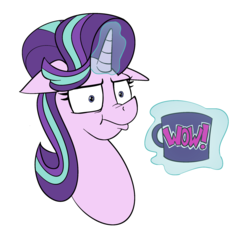 Size: 1985x1867 | Tagged: safe, artist:cowsrtasty, starlight glimmer, pony, unicorn, g4, marks for effort, cup, faic, female, floppy ears, glowing horn, horn, i mean i see, magic, mare, meme, mug, simple background, solo, telekinesis, white background, wow! glimmer
