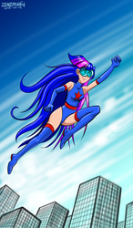 Size: 1200x2048 | Tagged: safe, artist:zenzmurfy, twilight sparkle, human, g4, armpits, boots, city, clothes, female, flying, humanized, magic gaia, requested art, shoes, smiling, solo, superhero, thigh boots, visor