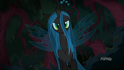 Size: 1280x720 | Tagged: safe, screencap, queen chrysalis, changeling, changeling queen, g4, the mean 6, discovery family logo, female, solo, unamused