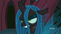 Size: 1280x720 | Tagged: safe, screencap, queen chrysalis, changeling, changeling queen, g4, the mean 6, angry, discovery family logo, female, solo