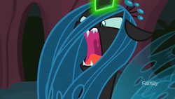 Size: 1280x720 | Tagged: safe, screencap, queen chrysalis, changeling, changeling queen, g4, the mean 6, angry, discovery family logo, fangs, female, solo, villainous breakdown