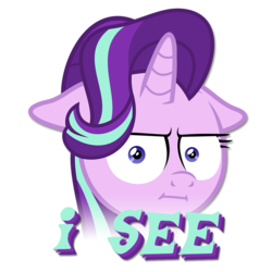 Size: 977x977 | Tagged: safe, artist:the smiling pony, derpibooru exclusive, edit, starlight glimmer, pony, unicorn, g4, marks for effort, :i, caption, faic, female, floppy ears, i mean i see, looking at you, mare, reaction, simple background, solo, sticker, transparent background, vector