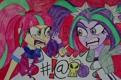Size: 4057x2680 | Tagged: safe, artist:dncsamsonart, aria blaze, sour sweet, equestria girls, g4, angry, argument, bomb, bowtie, clothes, crystal prep academy uniform, duo, exclamation point, female, freckles, high res, pigtails, ponytail, red background, school uniform, simple background, traditional art, twintails, weapon