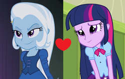 Size: 941x599 | Tagged: safe, edit, edited screencap, screencap, trixie, twilight sparkle, equestria girls, g4, female, heart, lesbian, ship:twixie, shipping, shipping domino