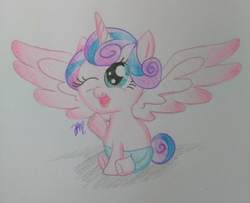 Size: 3120x2533 | Tagged: safe, artist:prinrue, princess flurry heart, alicorn, pony, g4, baby, cute, diaper, female, flurrybetes, high res, one eye closed, solo, traditional art, wink